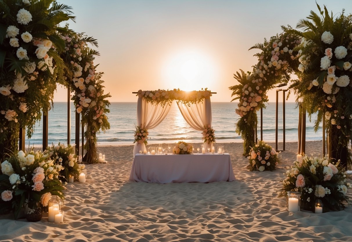 A beachside ceremony with a flower-adorned arch, overlooking the sunset. A champagne toast and dinner under twinkling lights