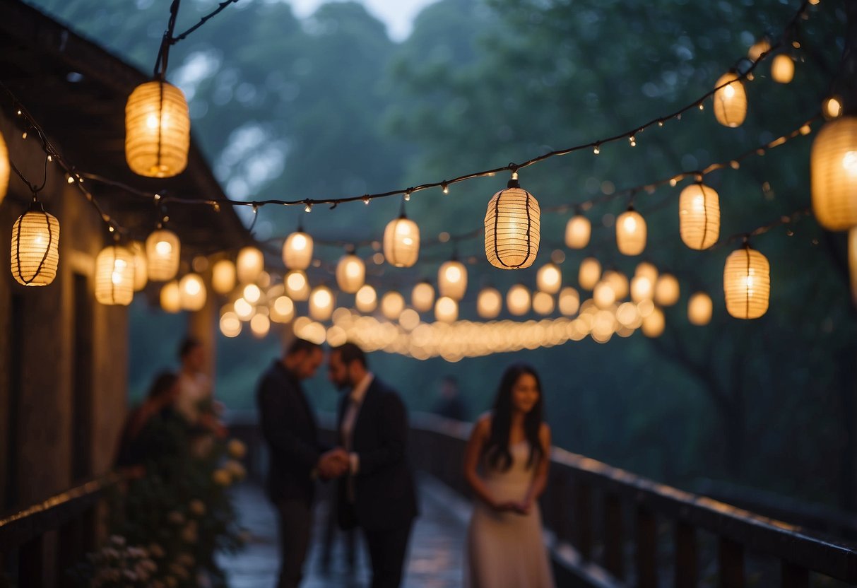 Glowing fairy lights and hanging lanterns illuminate a rainy wedding scene