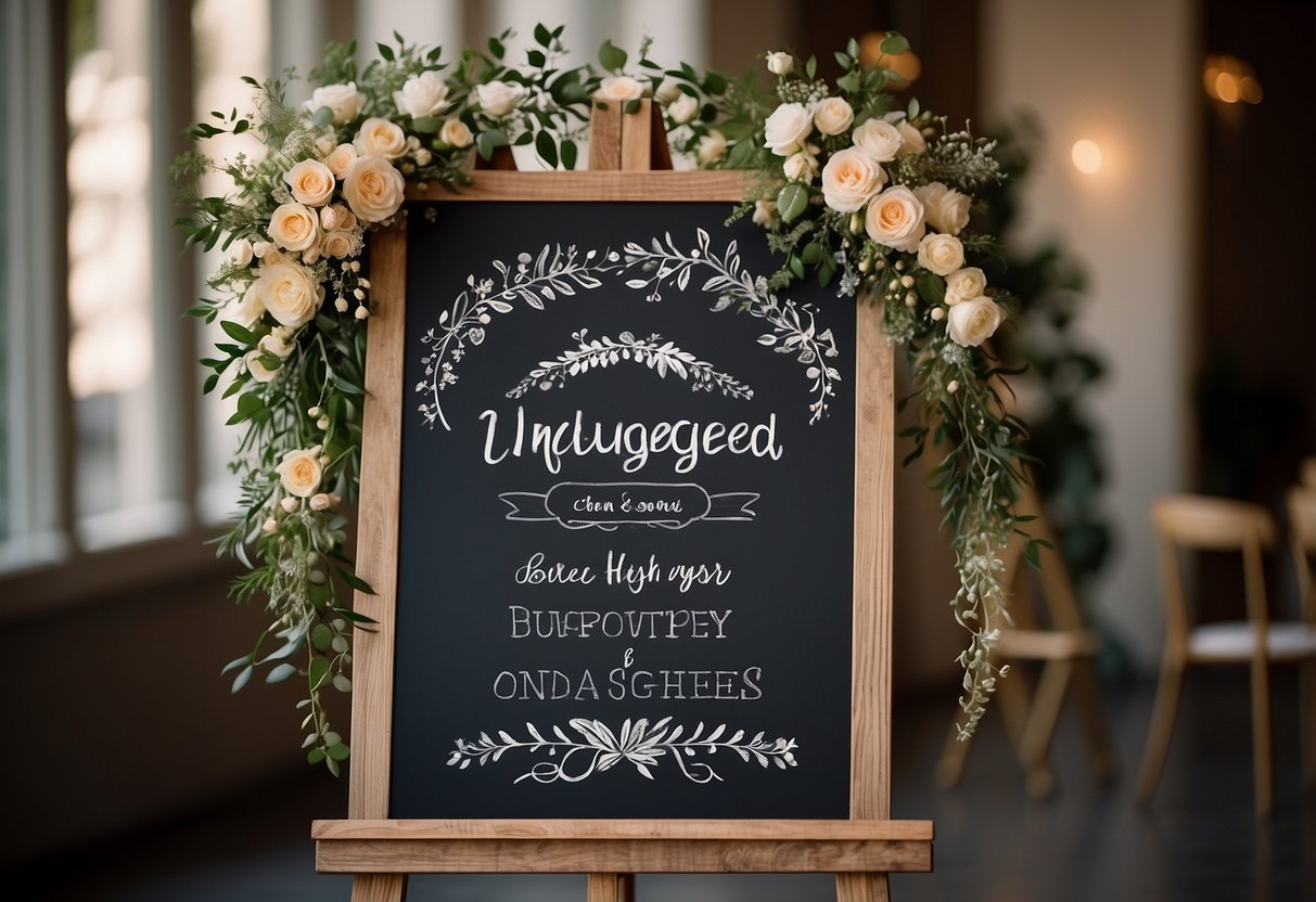 A chalkboard sign with "Unplugged Ceremony" in elegant calligraphy, surrounded by delicate floral designs and placed on a wooden easel