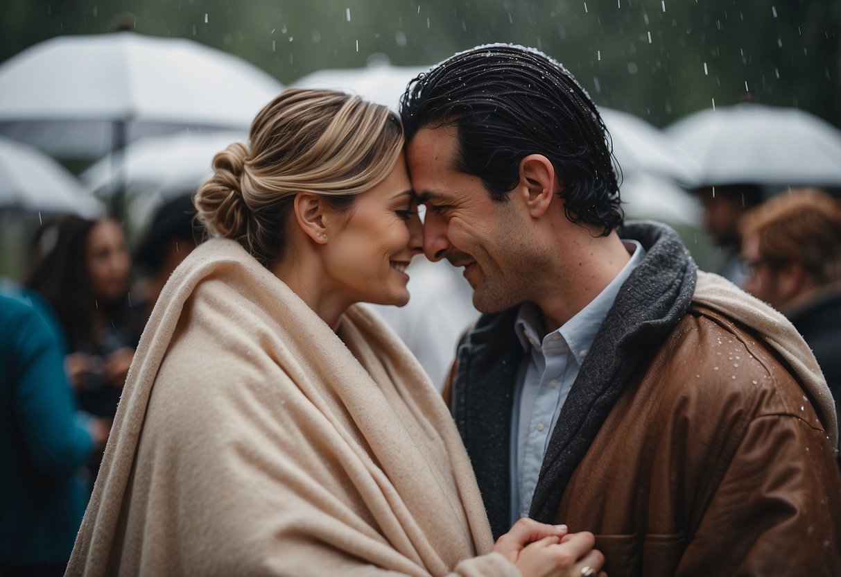 Guests snuggle under soft blankets in a cozy, rain-soaked wedding setting