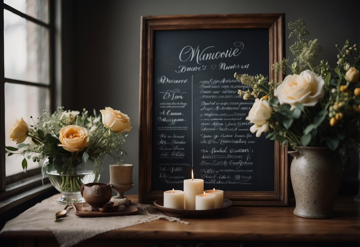 A chalkboard with elegant calligraphy lists the couple's cherished memories, surrounded by vintage photos and delicate floral arrangements