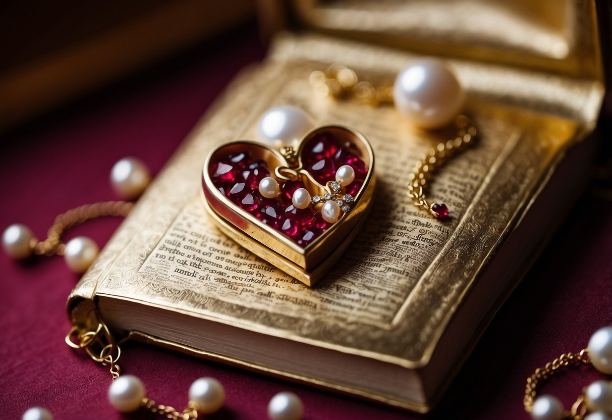 A couple's names engraved on a golden book, surrounded by pearl accents and a ruby heart charm