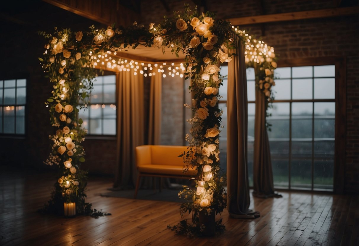 A photo booth adorned with string lights and floral decor inside a cozy, dimly lit venue on a rainy wedding day