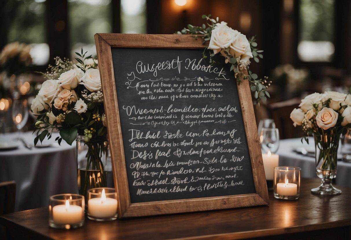 A chalkboard with elegant hand-lettered instructions for guests to sign the guestbook at a wedding