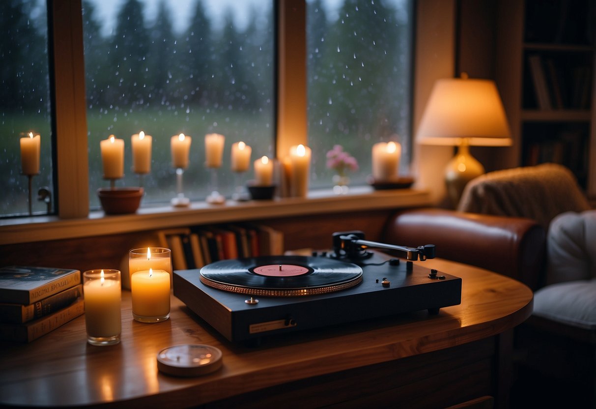 A cozy living room with a large window, rain pouring outside. A record player sits on a wooden table, surrounded by flickering candles and a stack of vinyl records