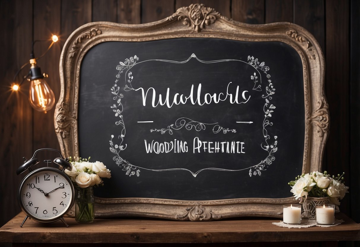 A chalkboard with wedding-themed photo booth props arranged creatively