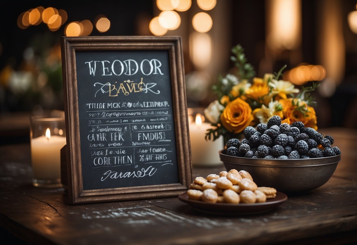 A chalkboard with wedding favor ideas displayed on a table