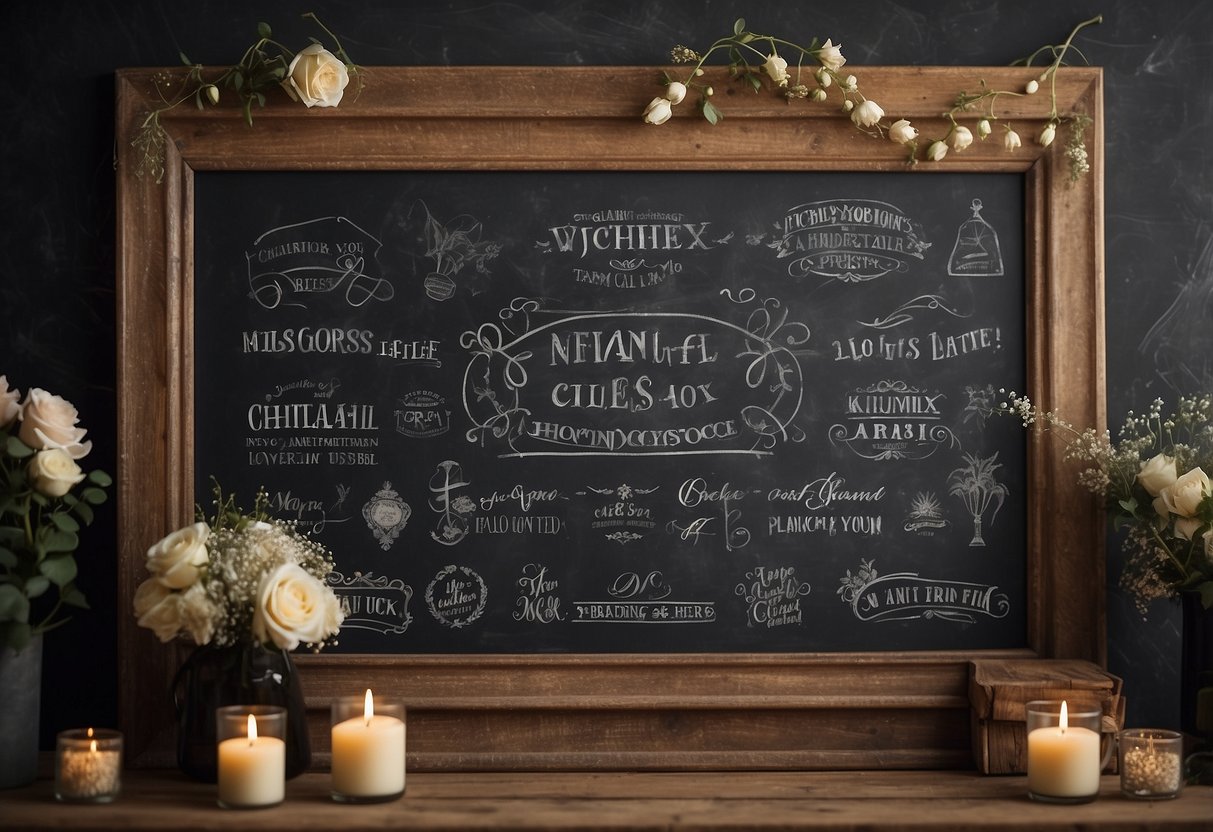 A chalkboard with elegant wedding-themed designs, surrounded by preserved chalk dust and eraser marks