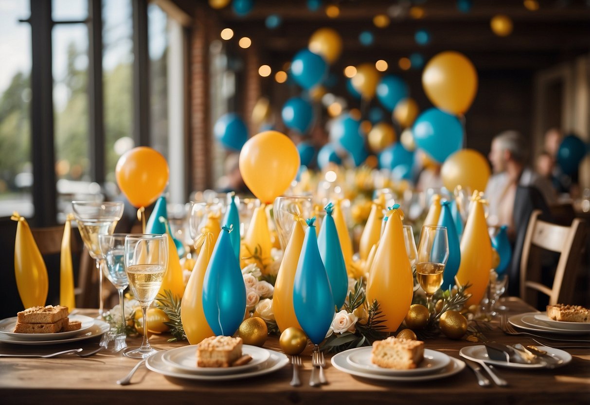 A festive gathering with balloons, streamers, and a large "45" displayed. Tables adorned with elegant centerpieces and a cake topped with a sparkling "45" to celebrate a couple's milestone anniversary