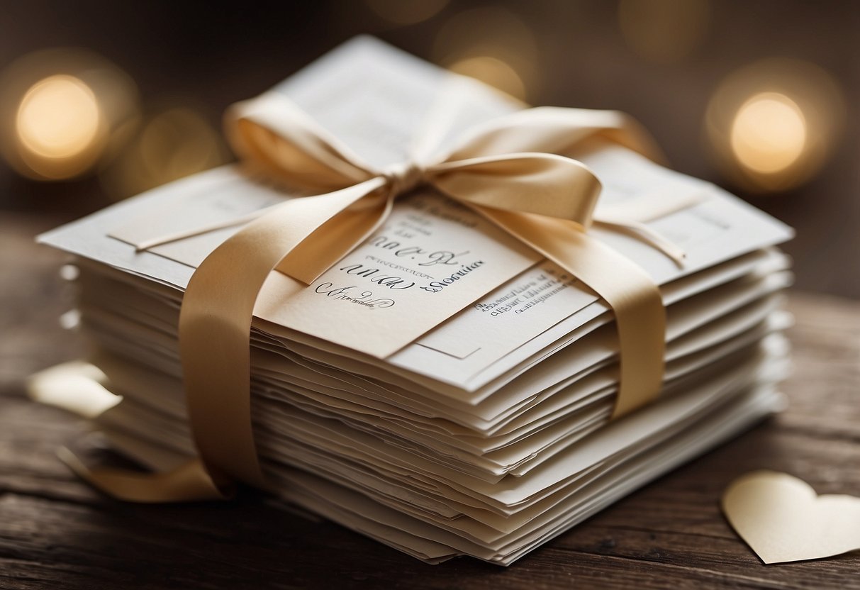 A stack of wedding invitations, with one torn and crumpled