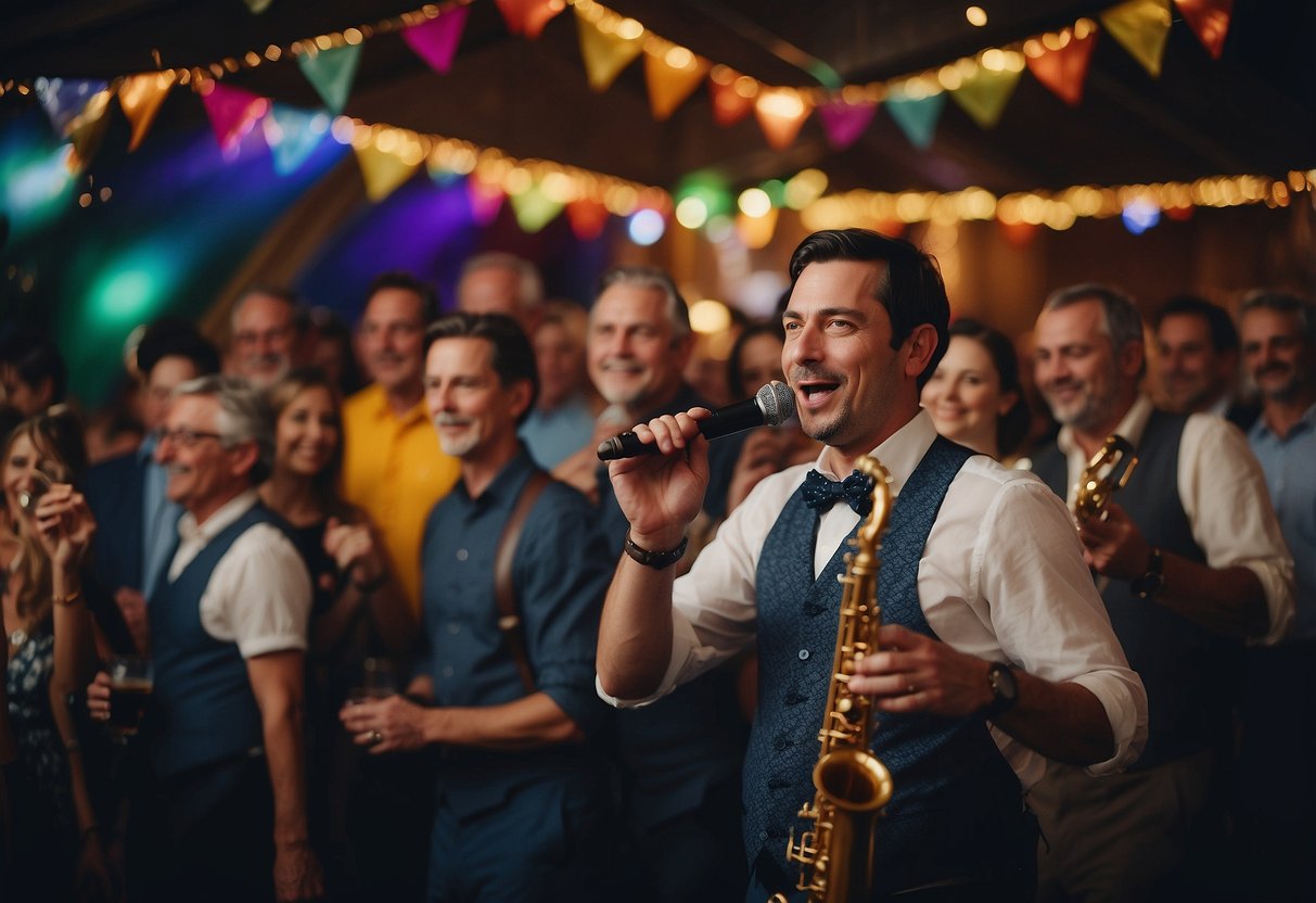 A live band plays at a 45th wedding anniversary party, surrounded by happy guests and colorful decorations