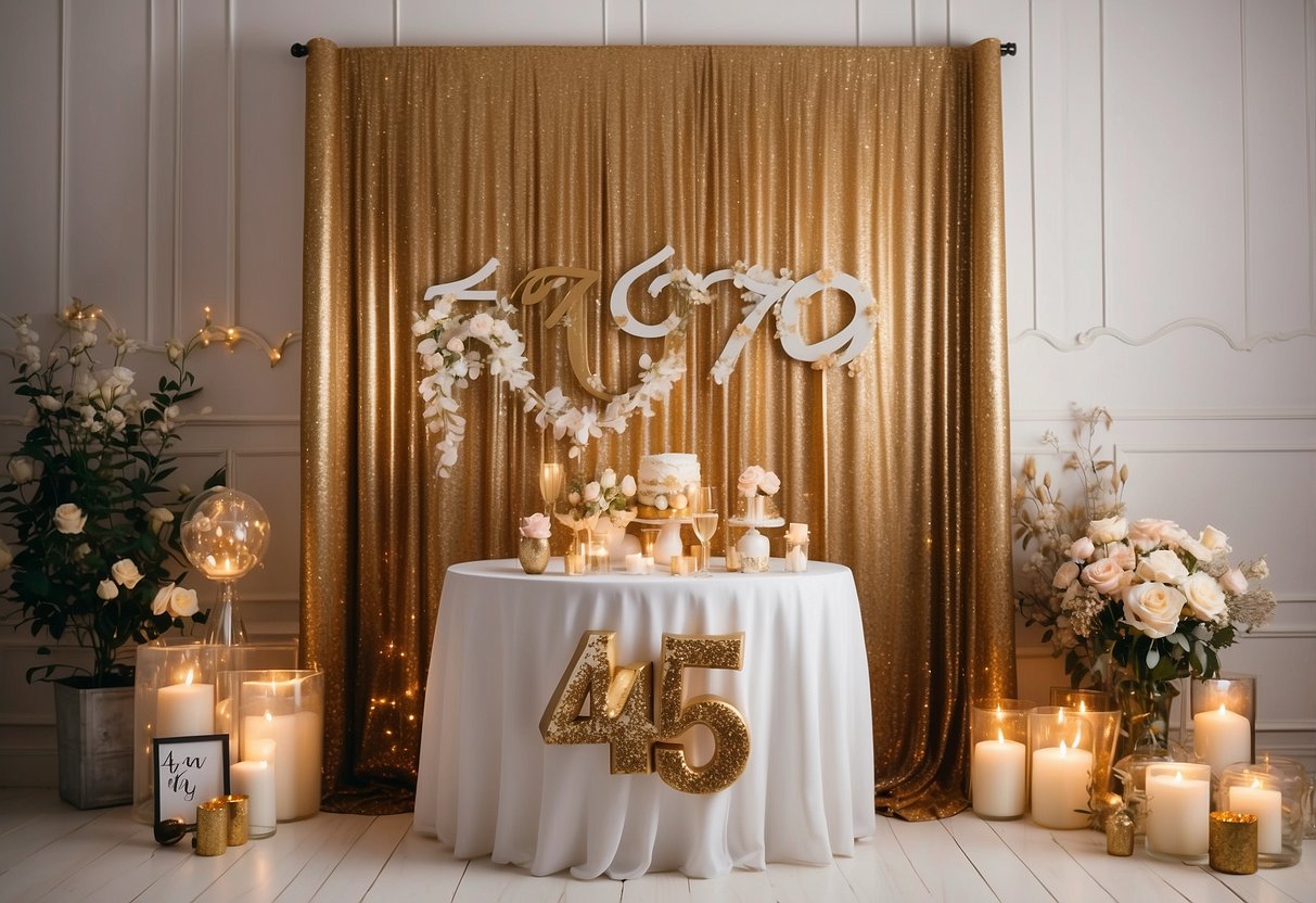 A festive photo booth with a gold and white backdrop, adorned with twinkling fairy lights and a large "45" in glittery letters. Sparkly props and a sign reading "45th Wedding Anniversary" add to the celebratory atmosphere