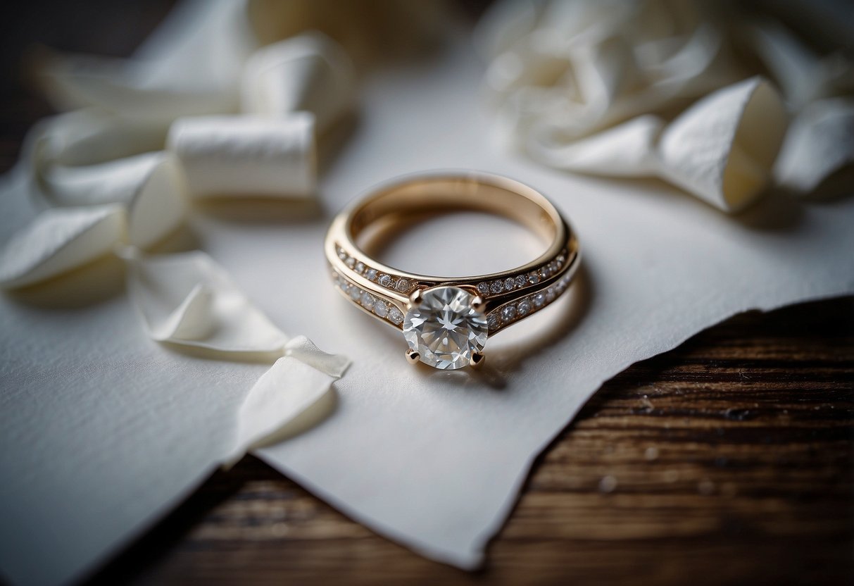 A broken engagement ring lies on a table, surrounded by scattered wedding invitations and torn love letters