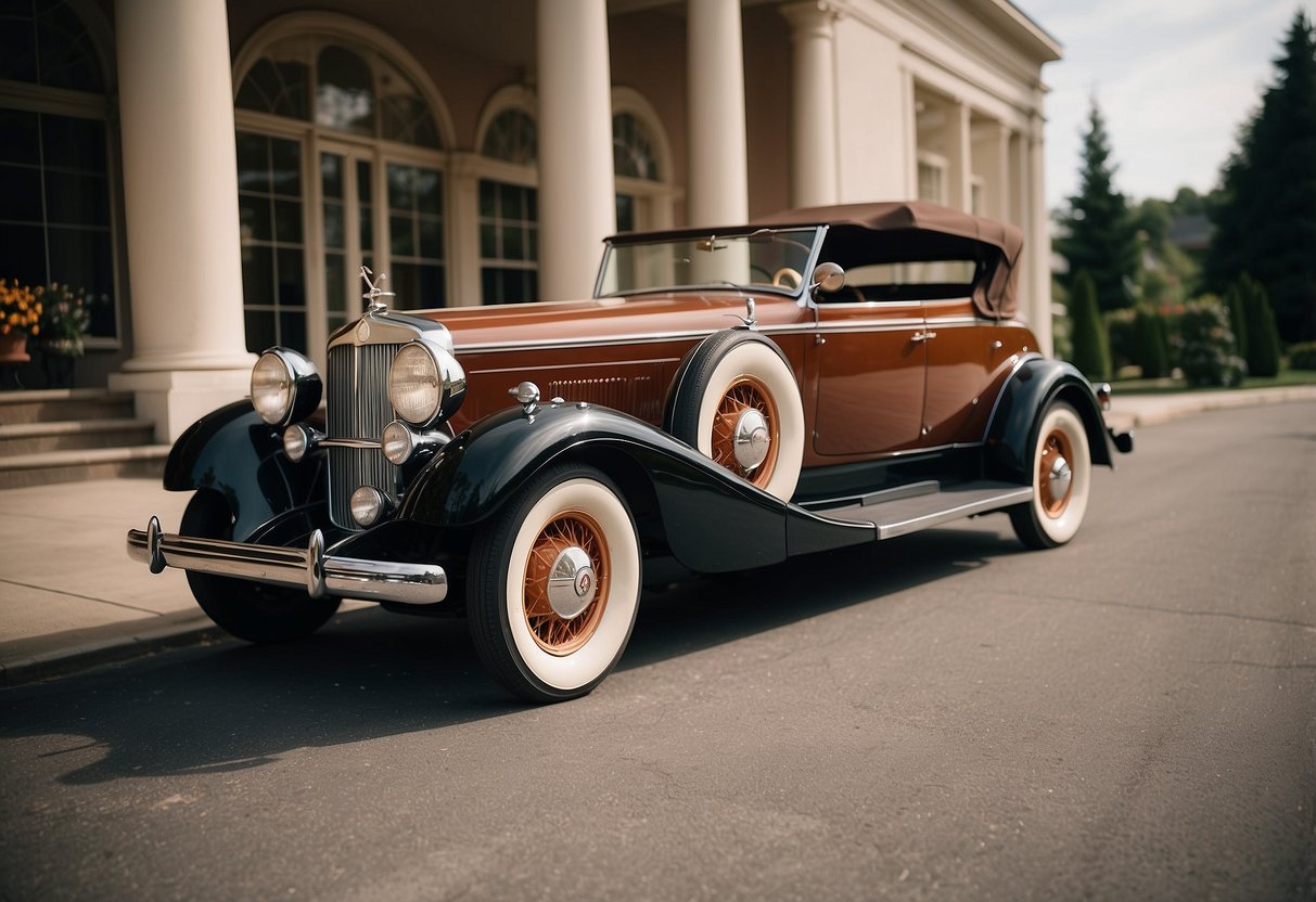 A vintage car pulls up to a grand entrance for a 45th wedding anniversary party, with guests eagerly awaiting the arrival