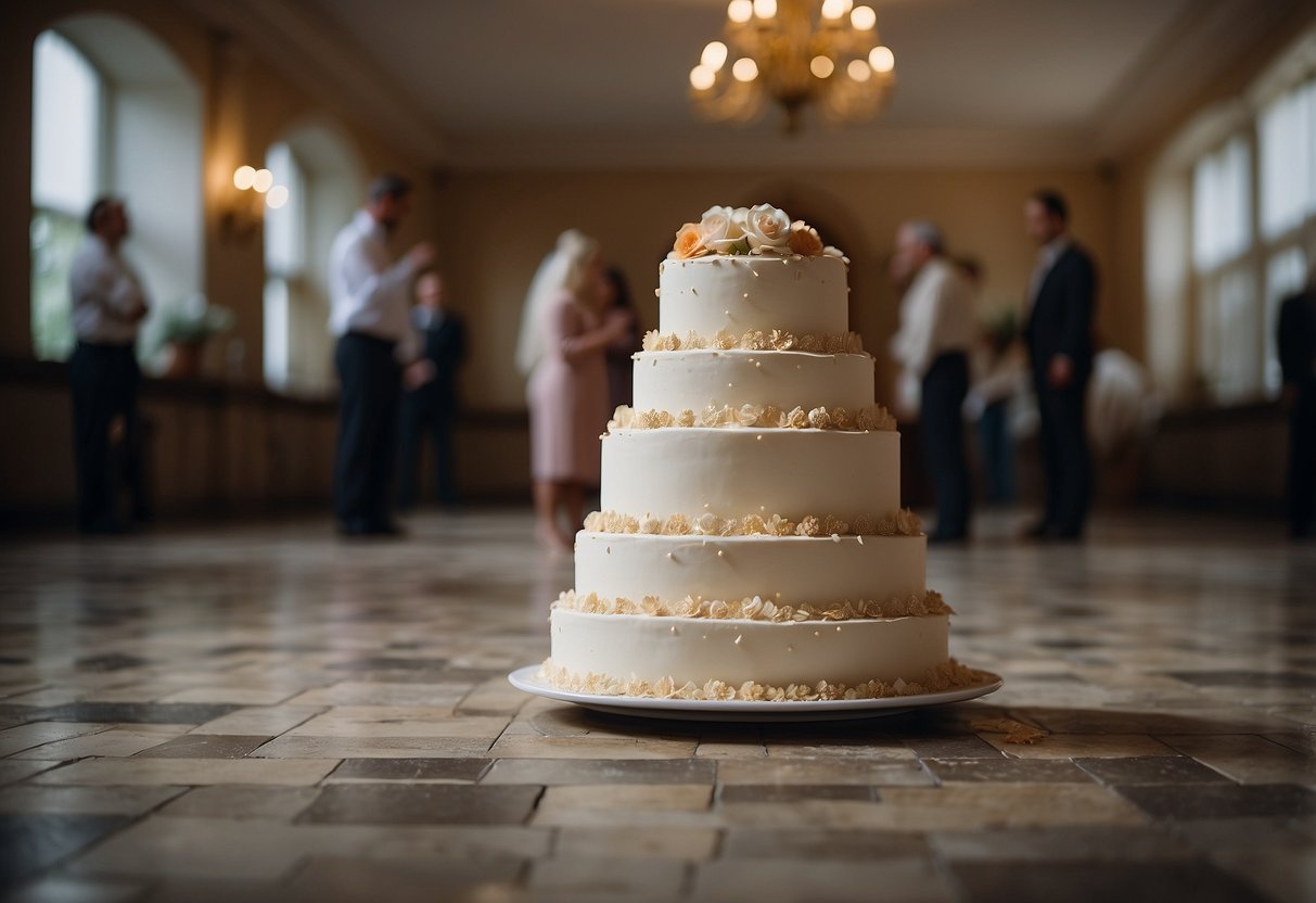 A wedding cake sits abandoned, uneaten. Family members argue in the background. A torn invitation lies on the floor