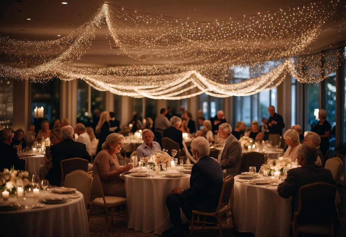 Guests gather under twinkling lights, surrounded by photos and memories, to celebrate a 45th wedding anniversary. Tables are adorned with elegant centerpieces and a grand cake takes center stage