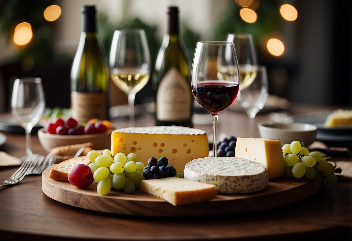 A table with various wine bottles, glasses, and cheese platters arranged for a wedding anniversary party