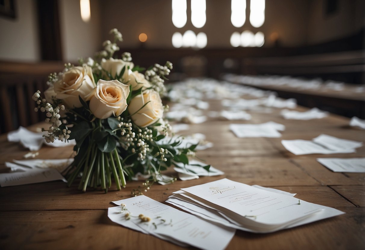 A table with scattered wedding invitations and a crumpled dress on the floor. A cold, empty chapel with wilted flowers