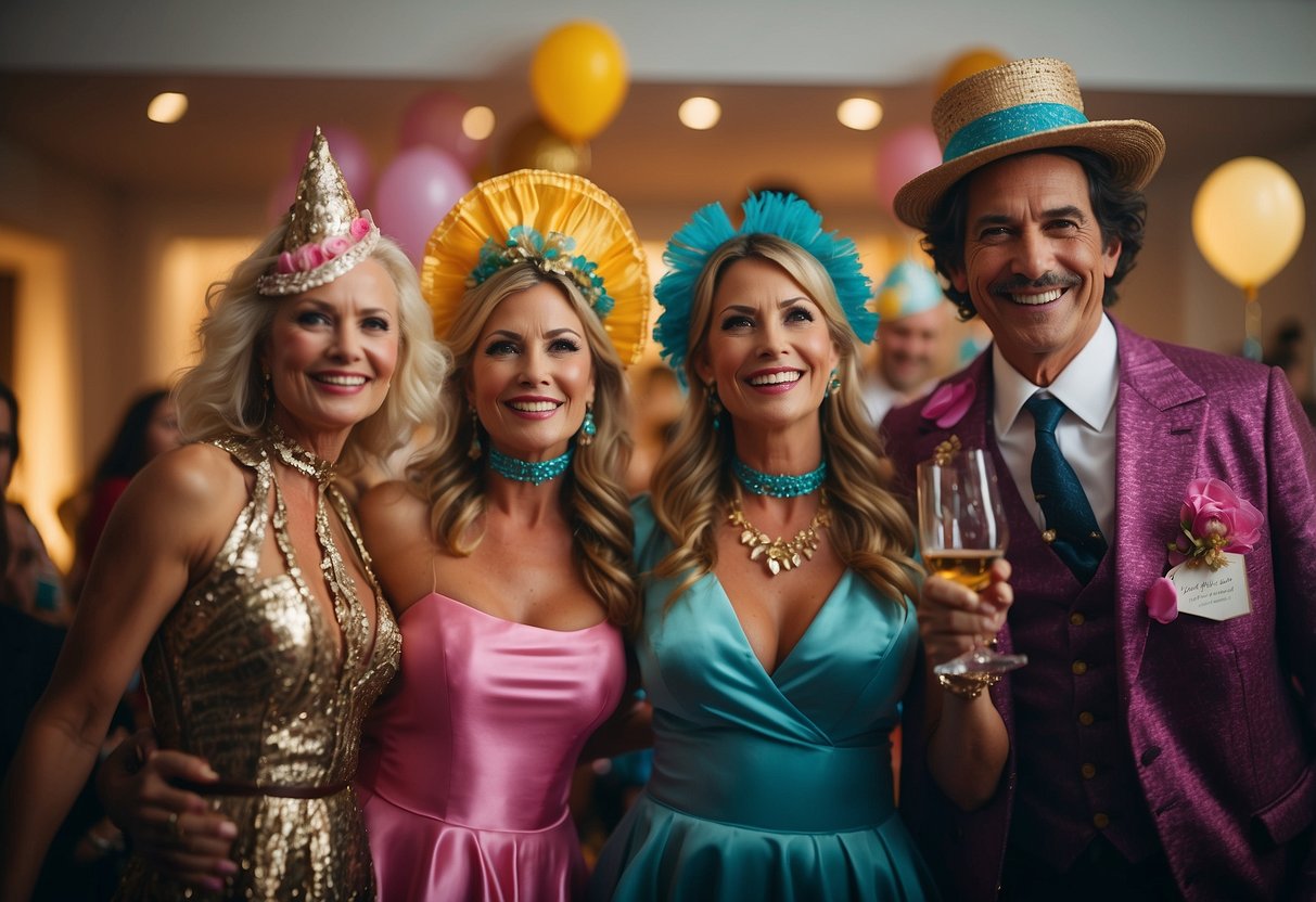 A lively themed costume party celebrating a 45th wedding anniversary, with colorful decorations, festive music, and guests dressed in creative and elegant costumes