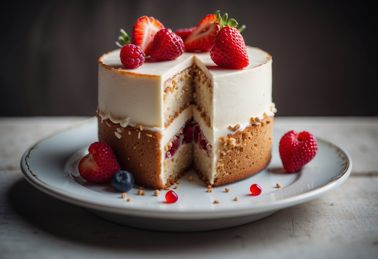 A broken heart-shaped wedding cake with one half higher than the other, symbolizing a mismatch in life goals