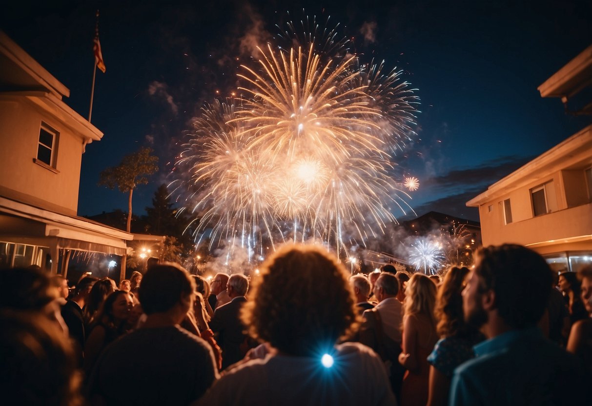 Colorful fireworks light up the night sky above a lively 45th wedding anniversary party