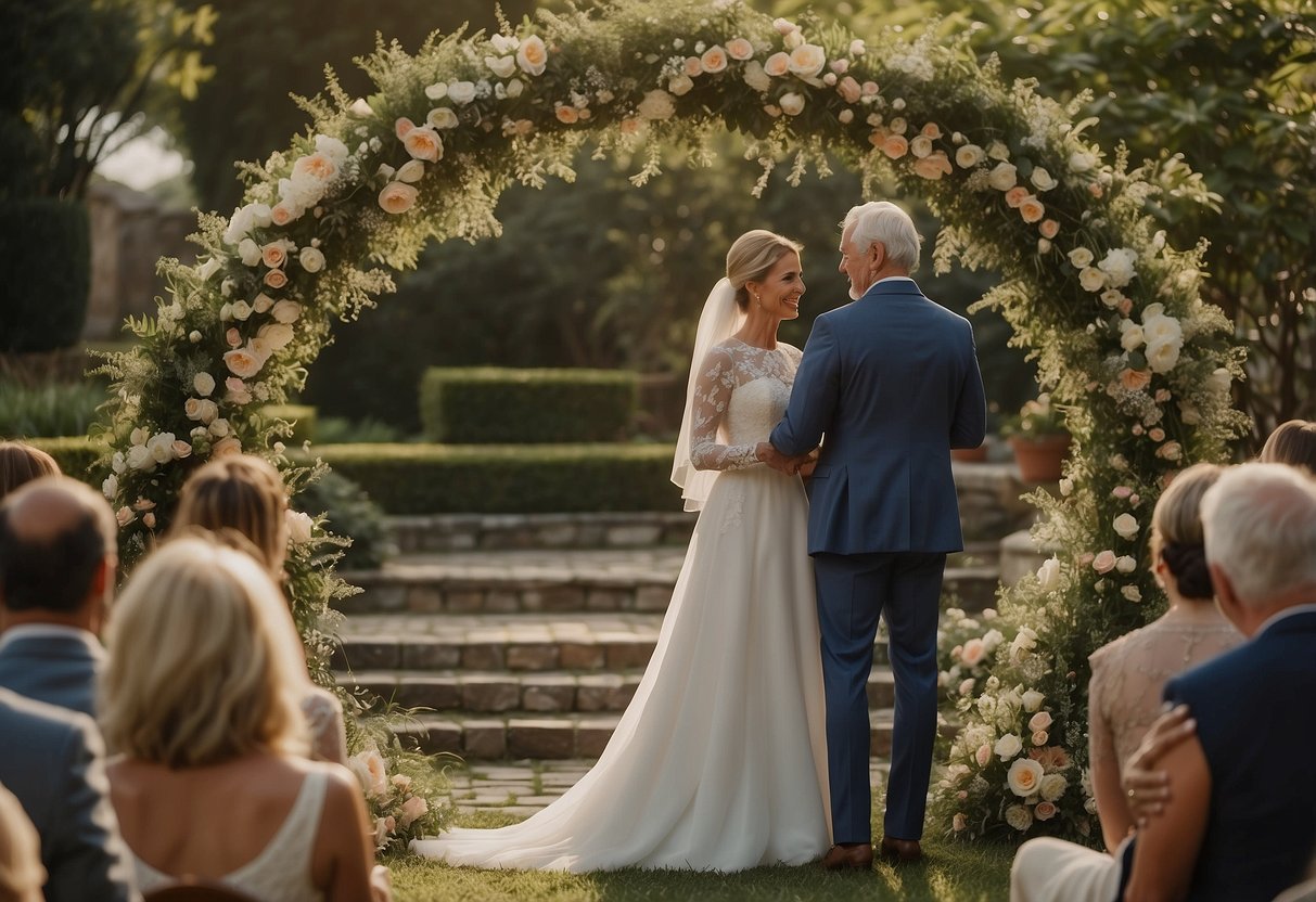 A couple stands in a garden surrounded by family and friends. A decorated arch frames the scene as they exchange vows, marking their 45th anniversary