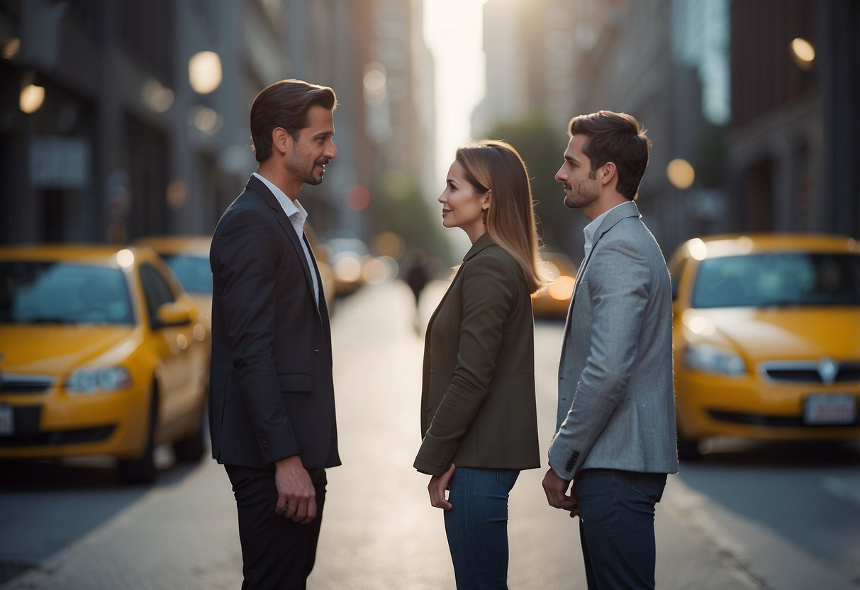 Two individuals stand facing each other, their expressions reflecting conflicting desires for the future