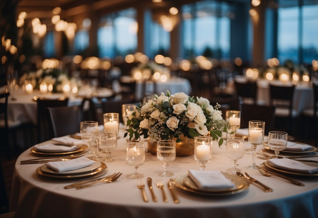 A beautifully decorated event space with elegant table settings, a stunning floral centerpiece, and soft ambient lighting