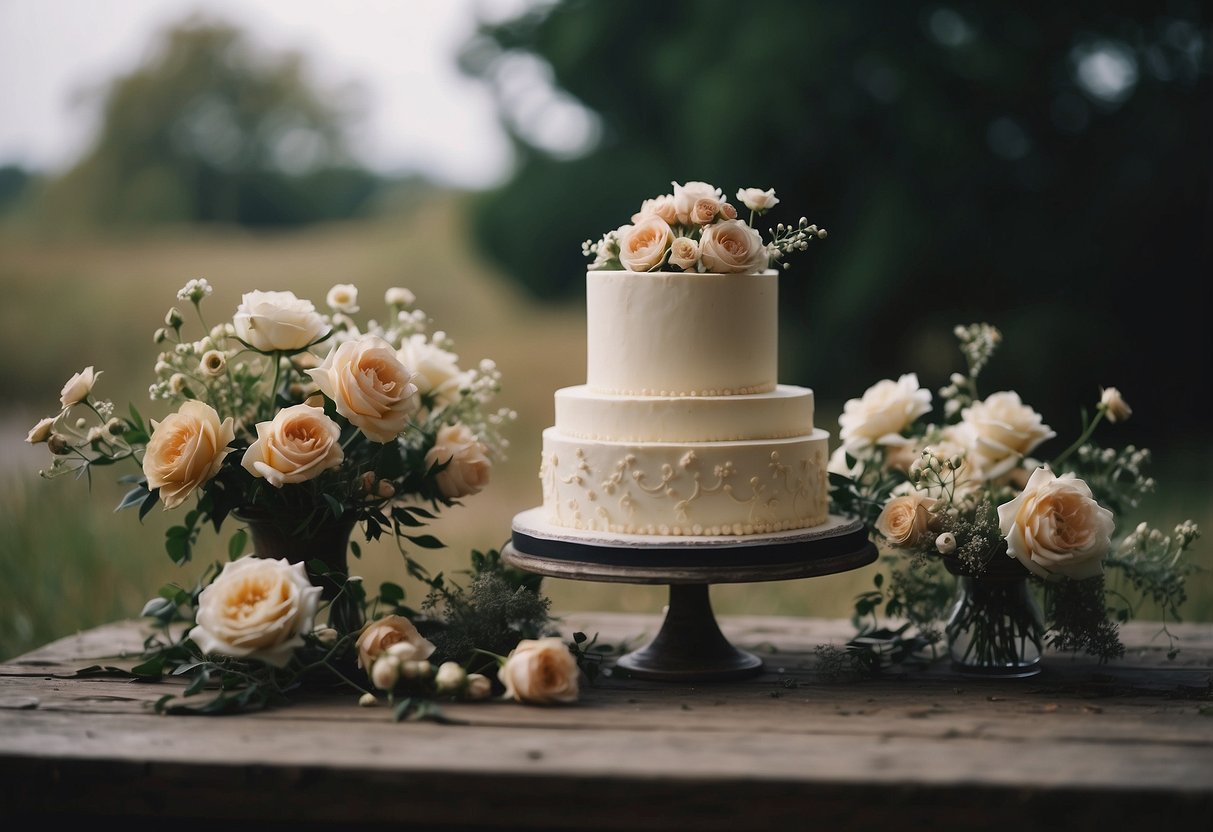 A wedding cake sits untouched, surrounded by wilted flowers and abandoned decorations