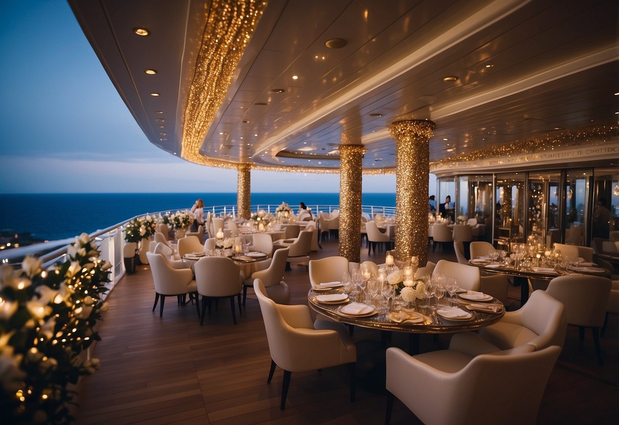 A grand cruise ship adorned with elegant decorations for a 45th wedding anniversary celebration. Sparkling lights and a festive atmosphere fill the deck as guests mingle and enjoy the luxurious party