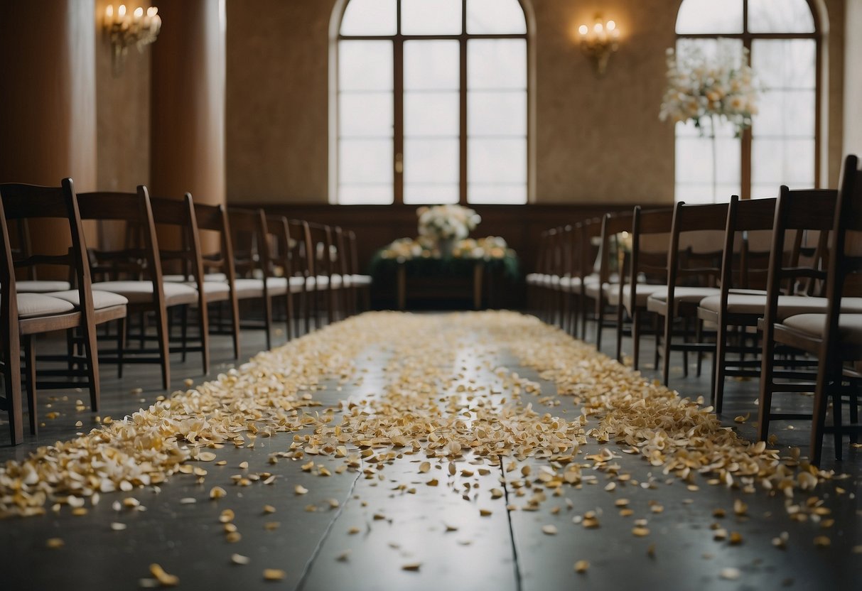 Empty wedding venue, scattered petals, and abandoned decorations