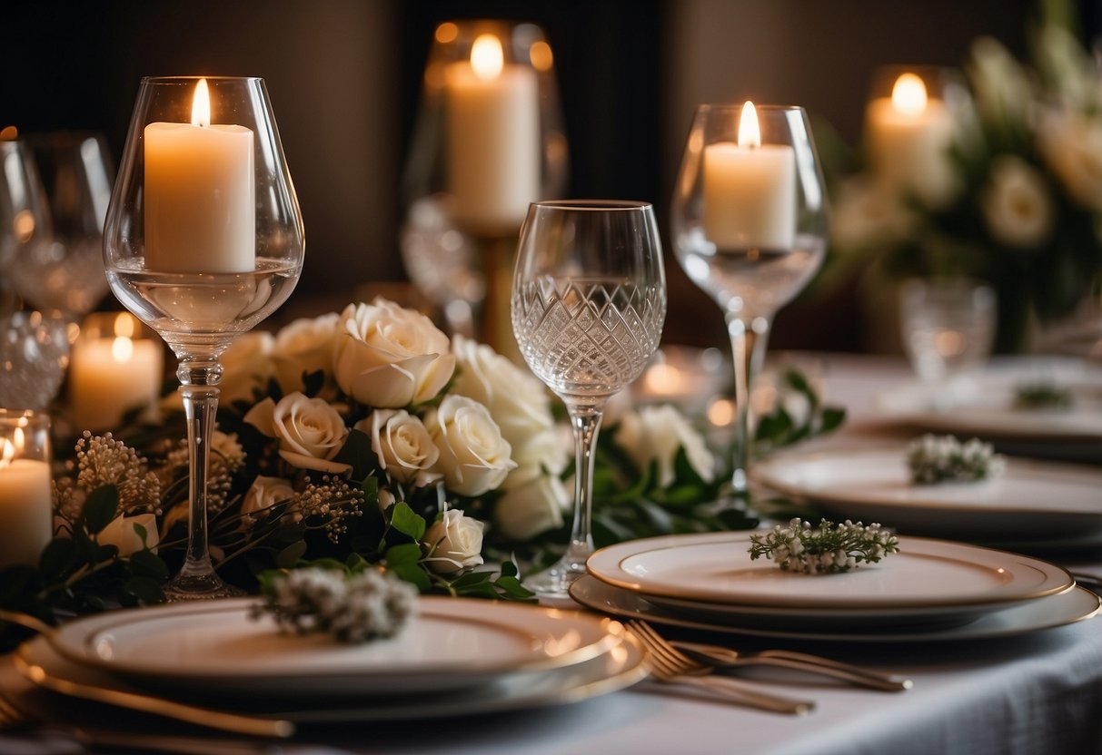 A beautifully set table with elegant dinnerware, a floral centerpiece, and candlelight. A menu of gourmet dishes and wine glasses await guests at a 45th wedding anniversary party