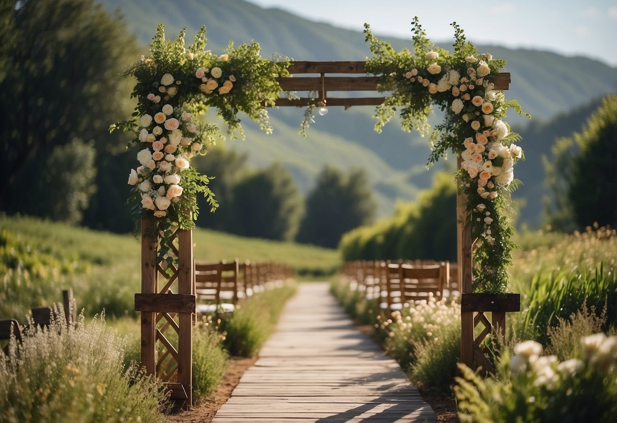 A rustic wooden wedding trellis adorned with fresh flowers and greenery, set against a backdrop of rolling hills and a clear blue sky