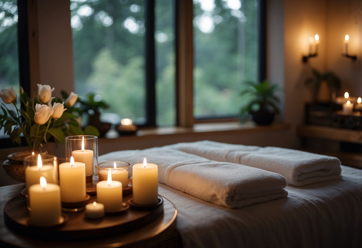 A serene spa setting with candles, soft lighting, and plush robes. A couple's massage room with two massage tables and soothing music