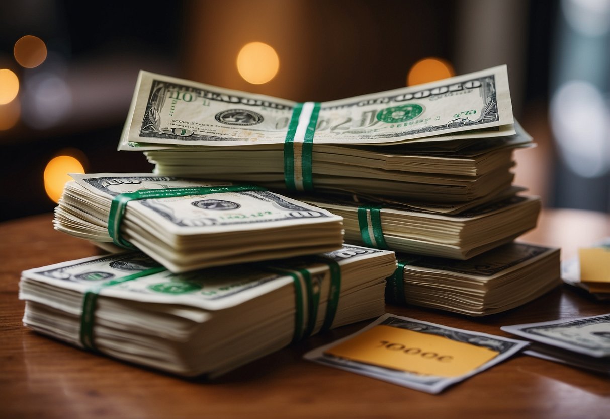 A pile of cash and gift cards on a decorated table. A bride-to-be opens a card with a smile