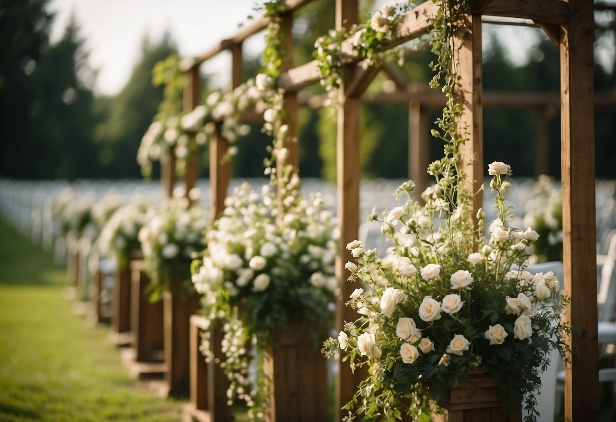 A rustic wooden trellis stands adorned with delicate flowers and greenery, creating a romantic setting for a wedding ceremony