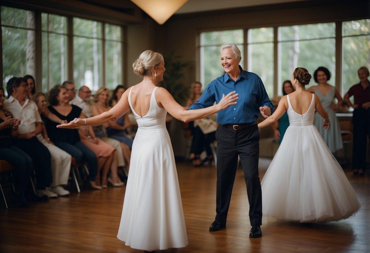 A dance instructor leads a private lesson at a 45th wedding anniversary party