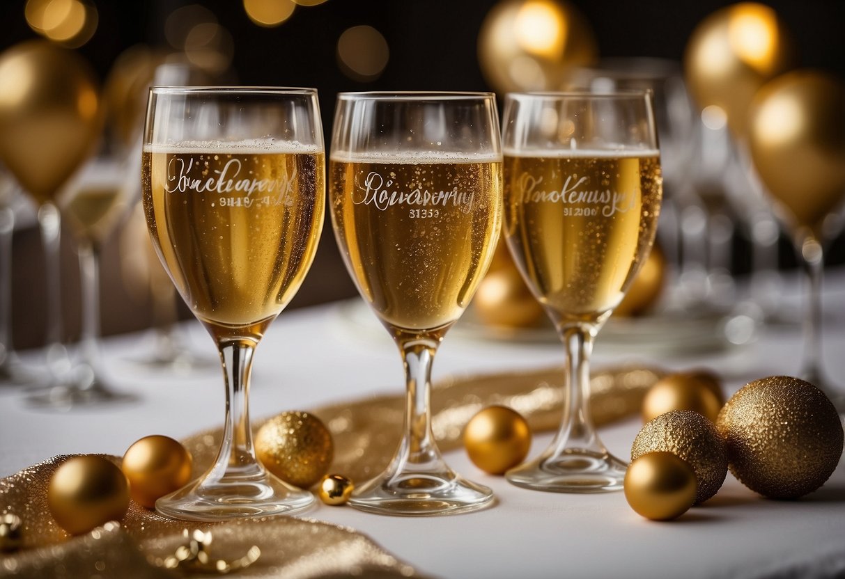 Create custom party favors for a 45th wedding anniversary celebration. Include champagne glasses, golden decorations, and a personalized anniversary logo