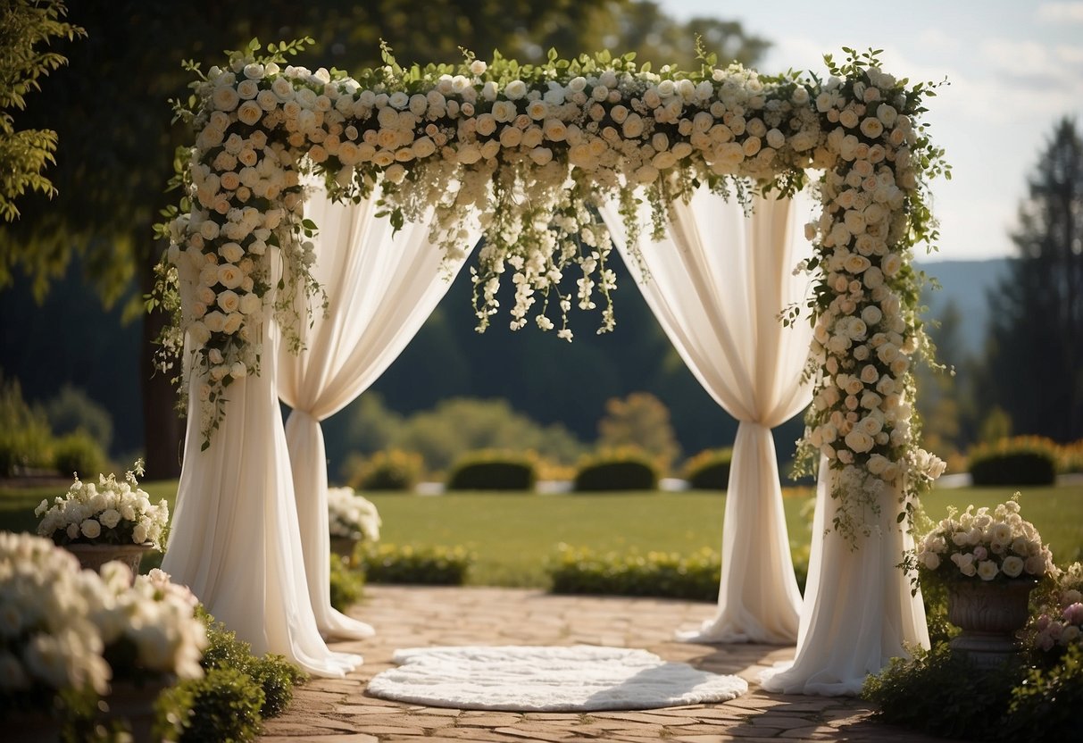 A white trellis stands adorned with delicate flowers and draped with flowing fabric, creating an elegant and romantic setting for a wedding ceremony