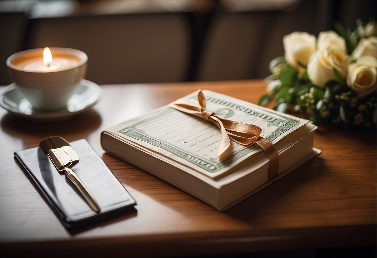 A personalized recipe book sits on a table with a stack of bills next to it, indicating a monetary gift for a bridal shower