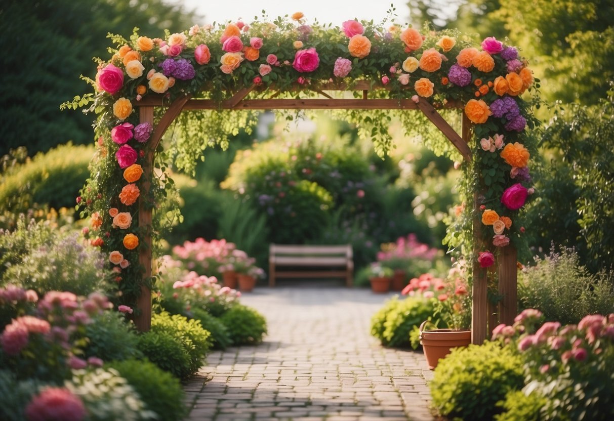 A wooden arbor covered in vibrant flowers and greenery, creating a romantic and enchanting wedding trellis setting