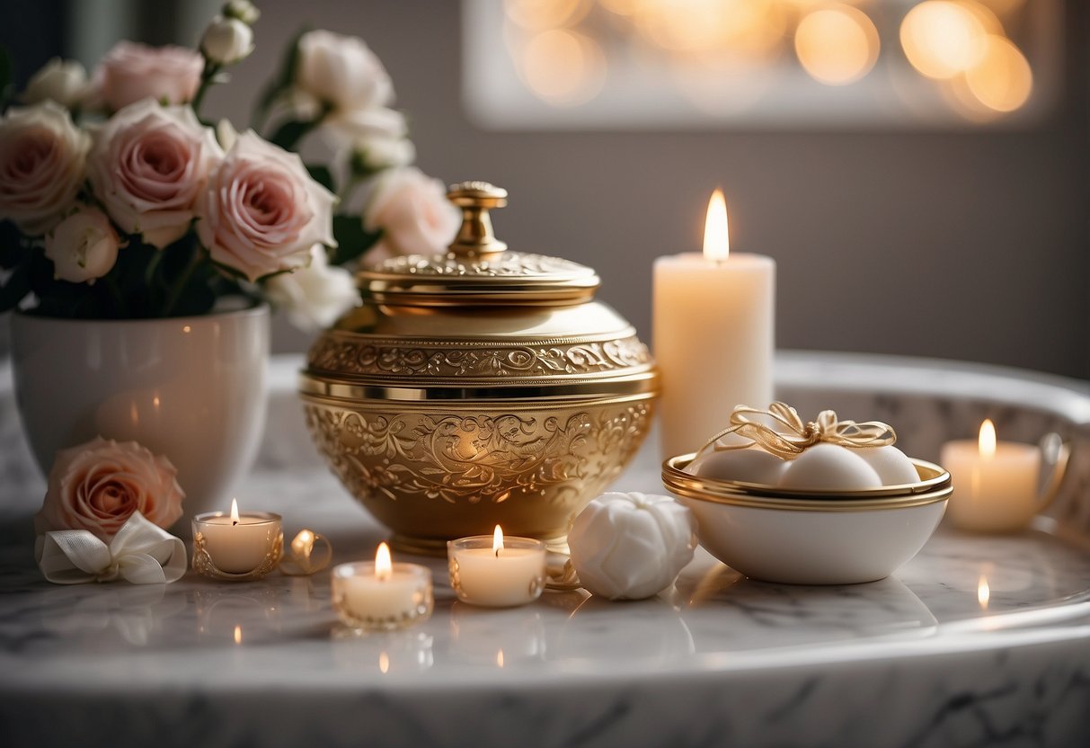 A beautifully wrapped luxury bath set sits on a table, surrounded by delicate floral decorations and shimmering ribbons