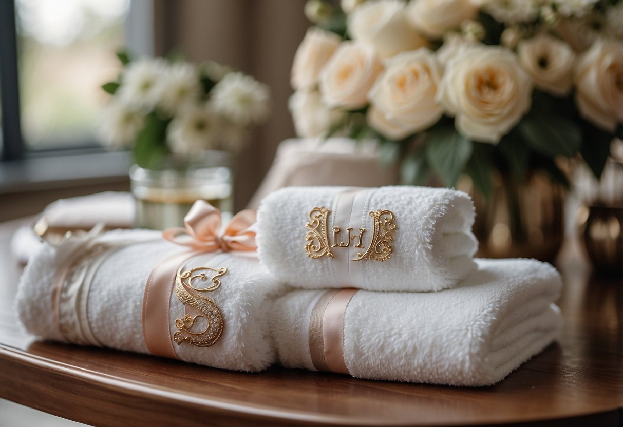 A monogrammed towel set displayed on a gift table at a bridal shower