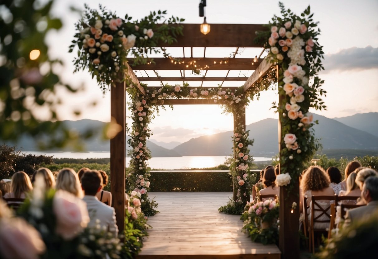 A hexagonal trellis stands adorned with flowers, ribbons, and lights, creating a romantic and enchanting setting for a wedding ceremony