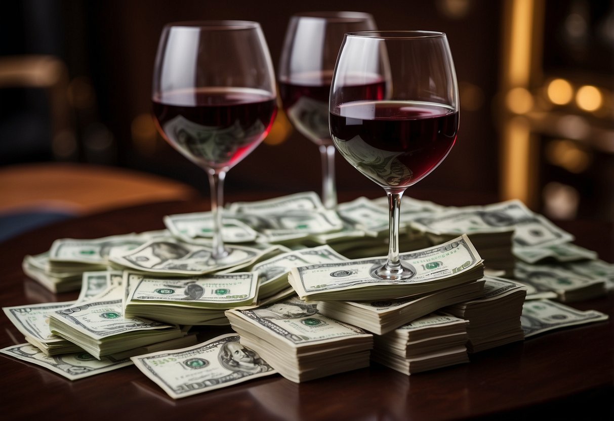 Elegant wine glasses on a table with a stack of cash in the background