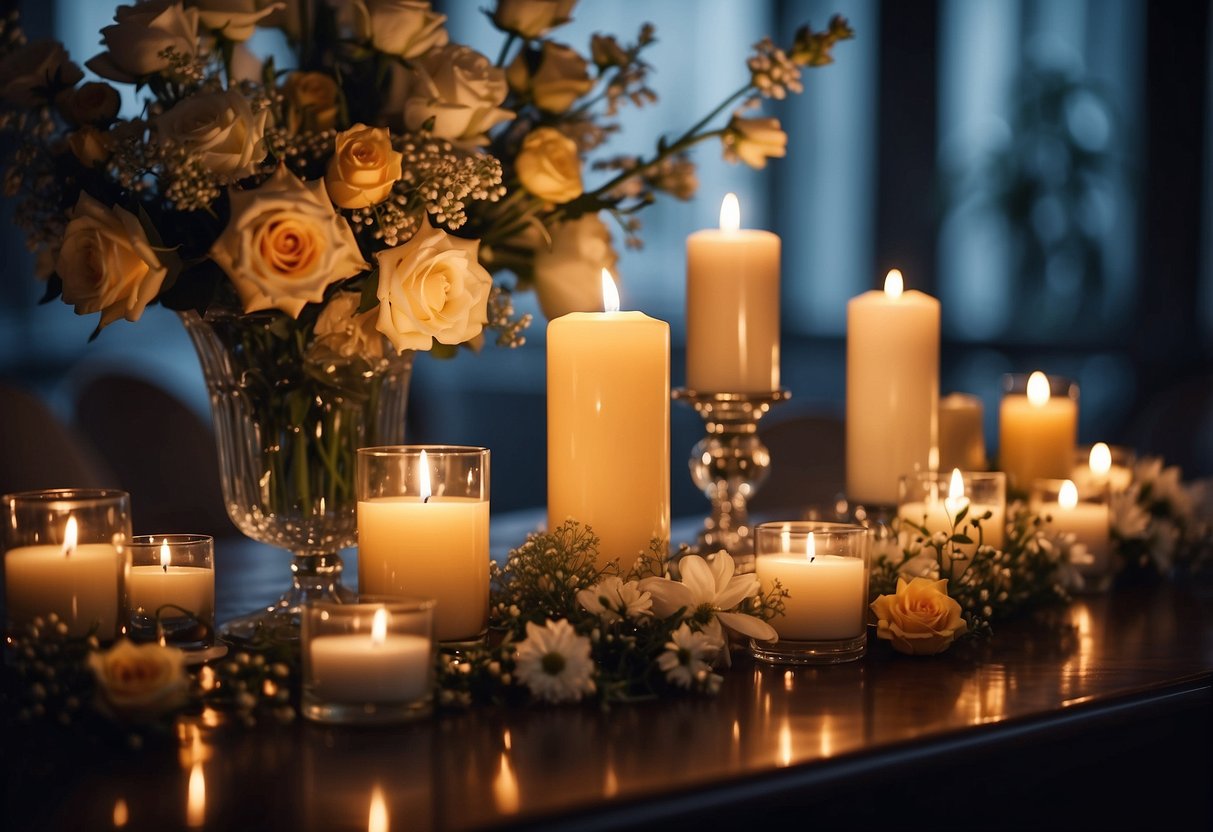 A table with scented candles of various shapes and sizes, surrounded by delicate floral arrangements and elegant candle holders