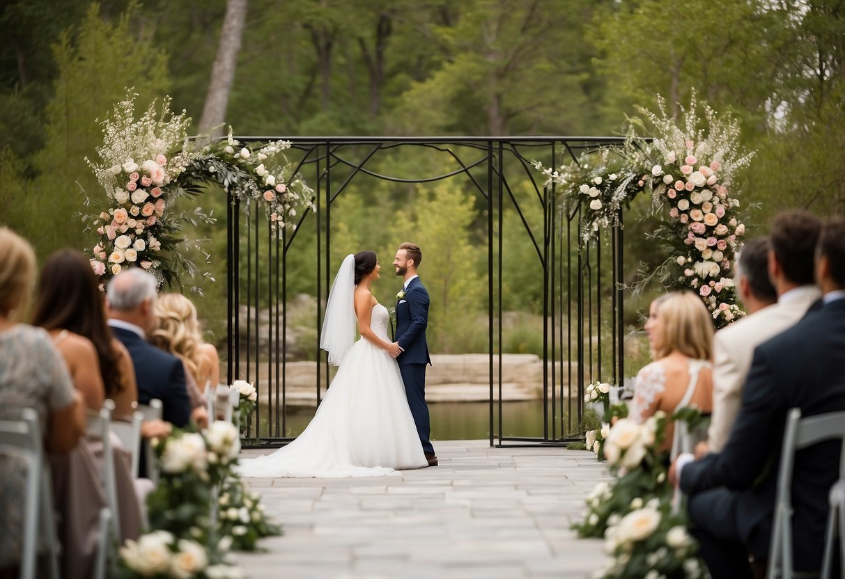 A sleek metal arch stands adorned with flowers, framing a wedding ceremony. Clean lines and modern design create a stunning backdrop for the couple's special day