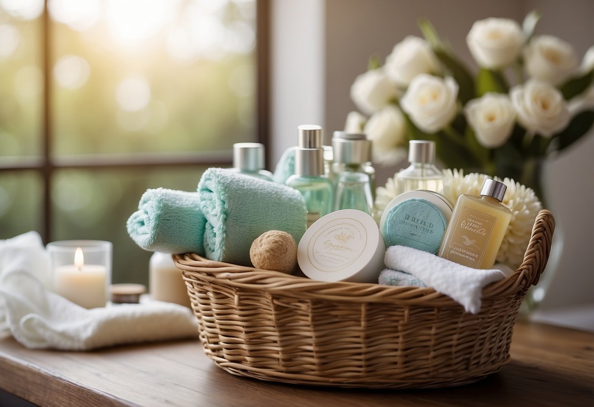 A spa gift basket sits on a table, filled with luxurious bath products and a fluffy towel. A ribbon and tag with "Bridal Shower" adorn the basket