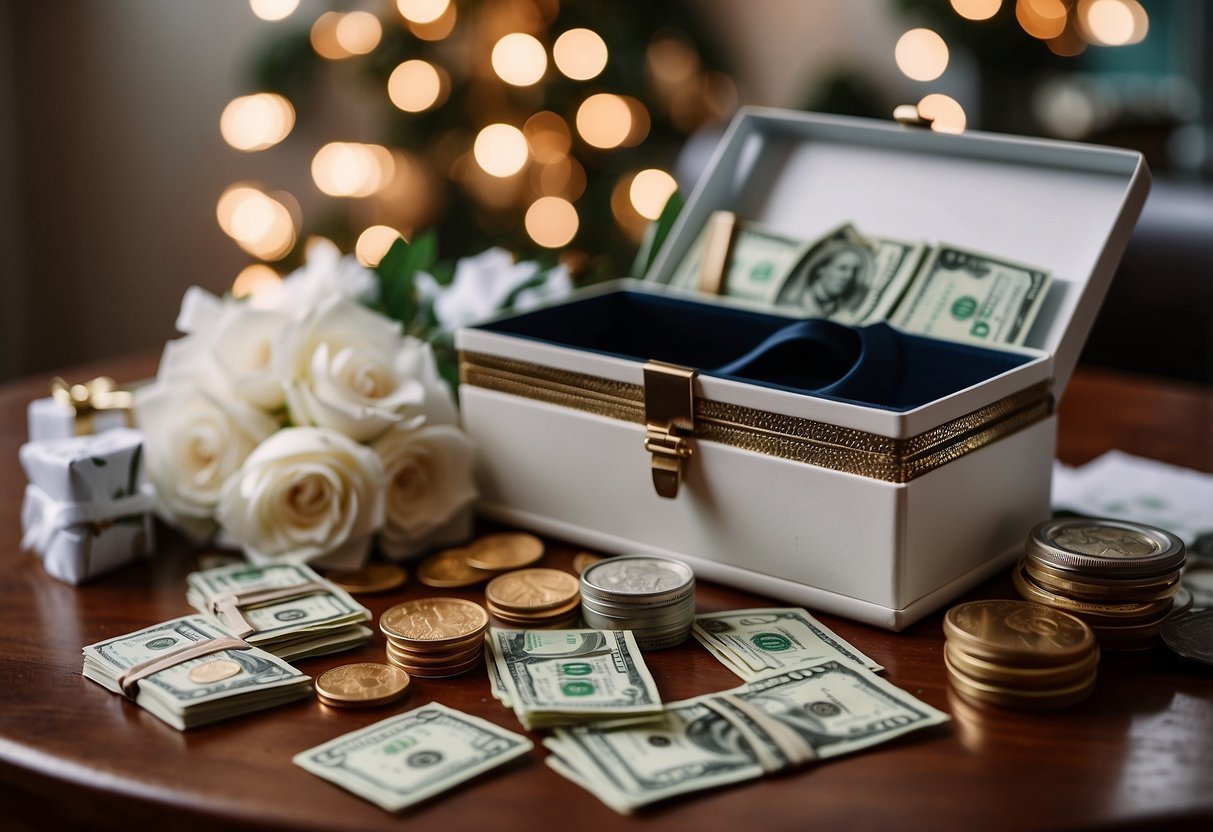 A beautifully decorated Bridal Memory Box sits on a table with cash and gift cards spilling out, representing the generosity of guests at a bridal shower