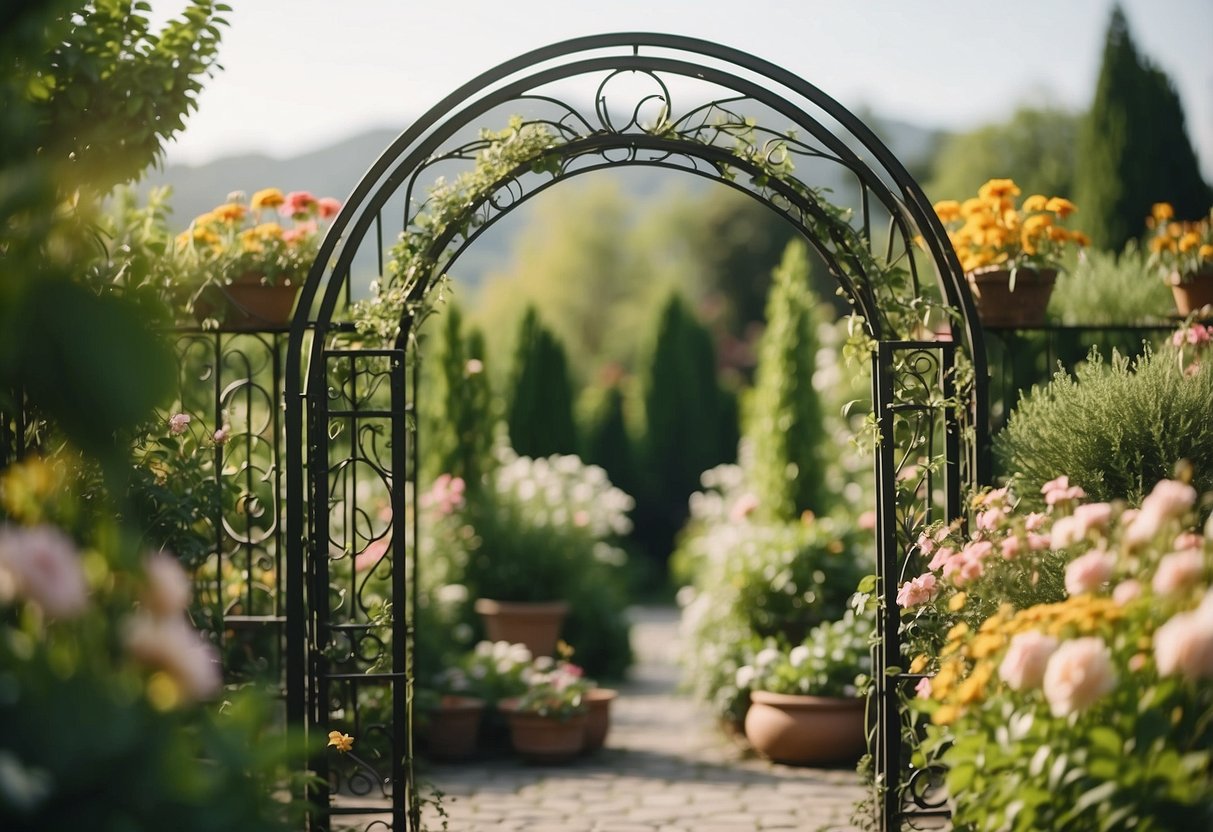 A circular wrought iron trellis stands adorned with flowers, set in a lush garden